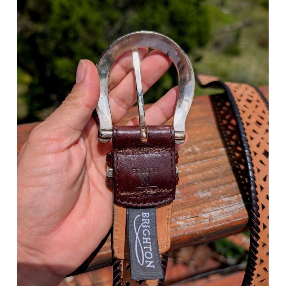 Brighton Dark Brown Leather Belt Lacing Cut Out Western Silver Buckle MED B20238 - Picture 5 of 6